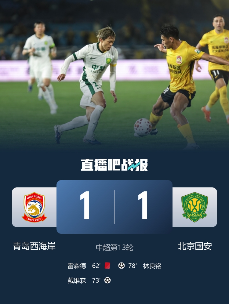 十人西海岸1-1逼平國(guó)安 戴維森倒鉤破門(mén) 林良銘回頭望月救主