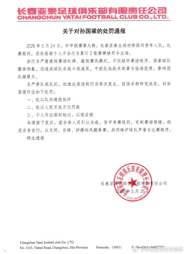 孫國梁兩黃一紅遭重罰：亞泰通報(bào)批評(píng)加罰款5萬