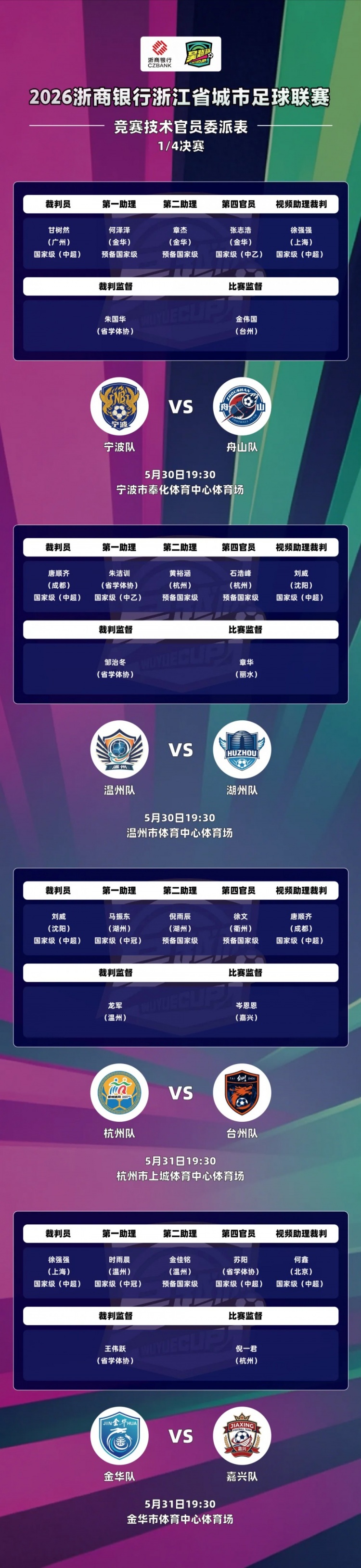 吳越杯四分之一決賽外省中超裁判全覆蓋，唐順齊、甘樹然分別執(zhí)法